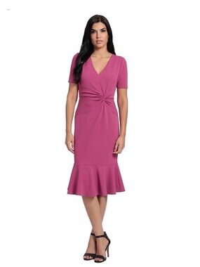 London Times Magenta Knot-Front V-Neck Midi Dress